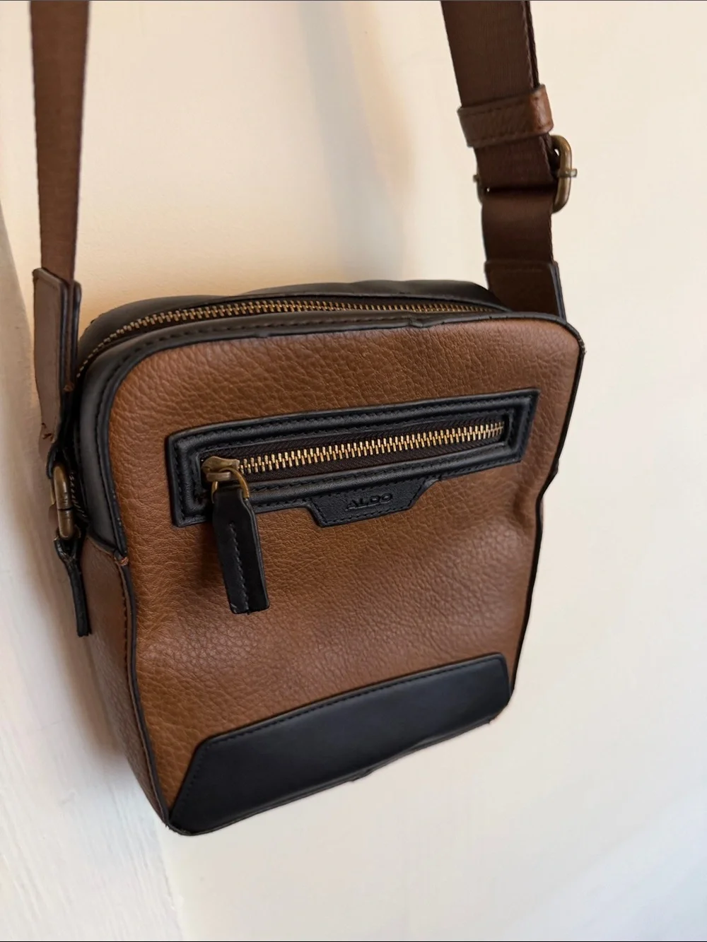 Aldo Brown and Black Leather Messenger Crossbody
